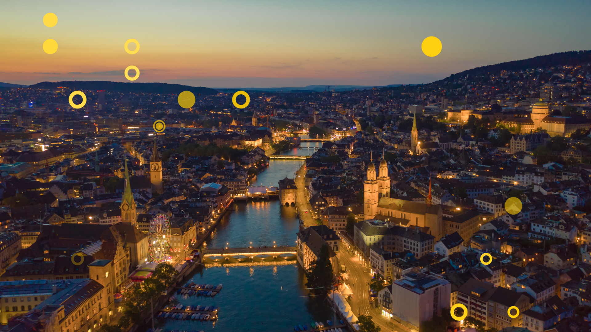 Eine Drohnenaufnahme von Zürich bei Nacht